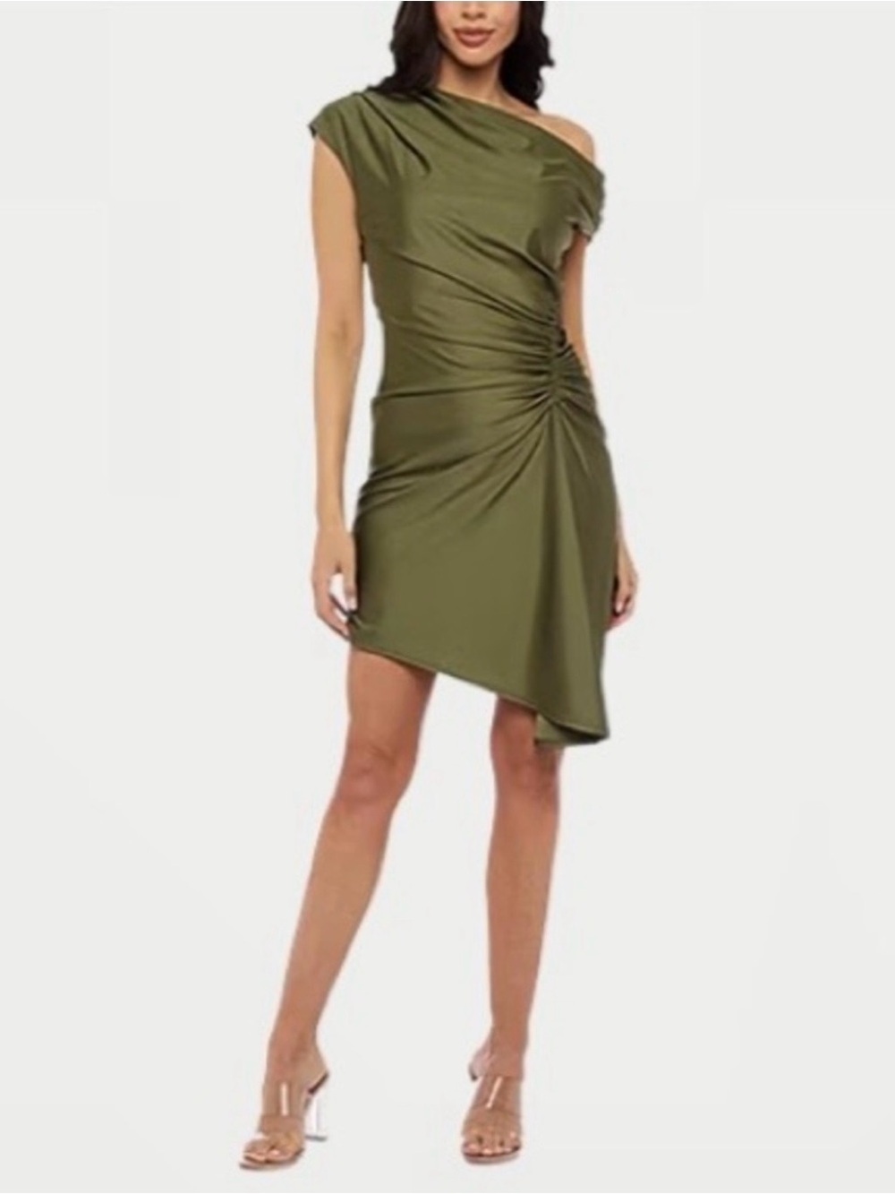 Premier Olive One-Shoulder Ruched Asymmetrical Dress